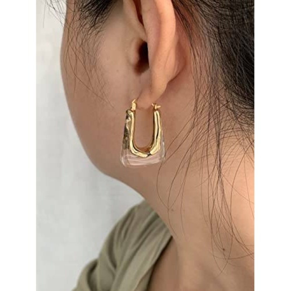 Gold Tone U-Shape Hoop Earrings Clear Acrylic Resin Geometric Huggie Earrings - Picture 3 of 3